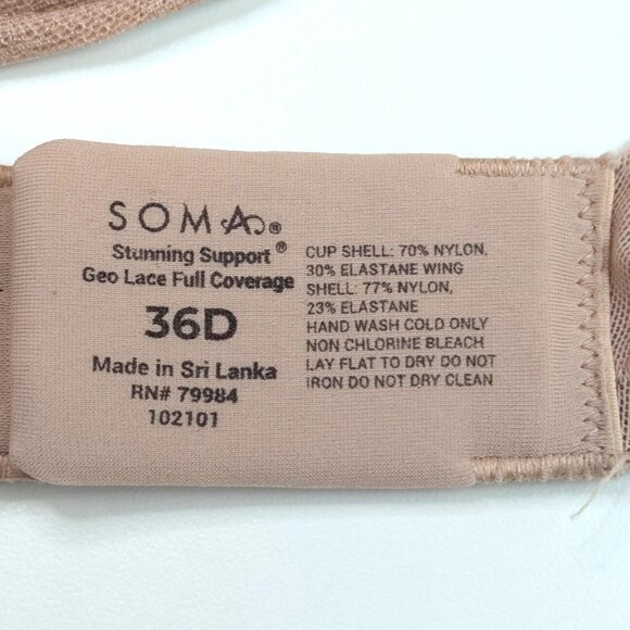 Soma Bra 36D Stunning Support Underwire Beige Geo Lace Full Coverage 102101 - Picture 2 of 5